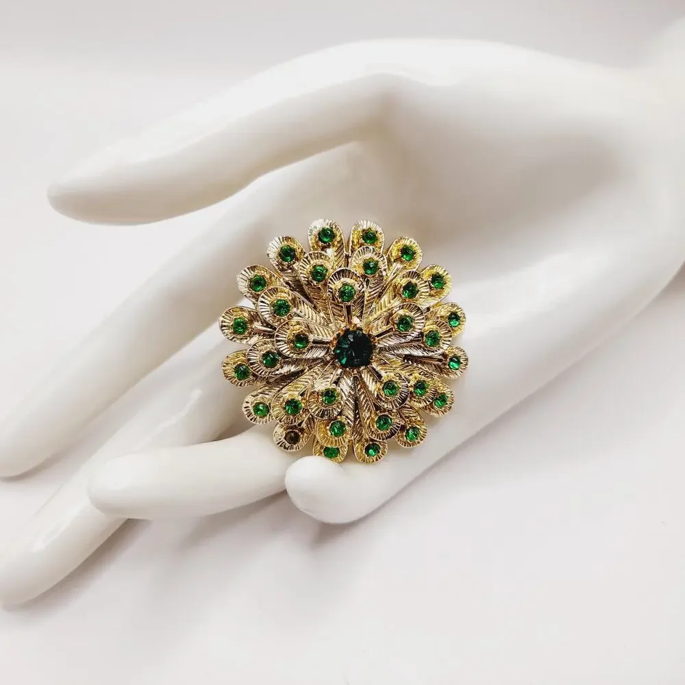 Vintage Green Rhinestone Floral Brooch Gold Tone Mum Style